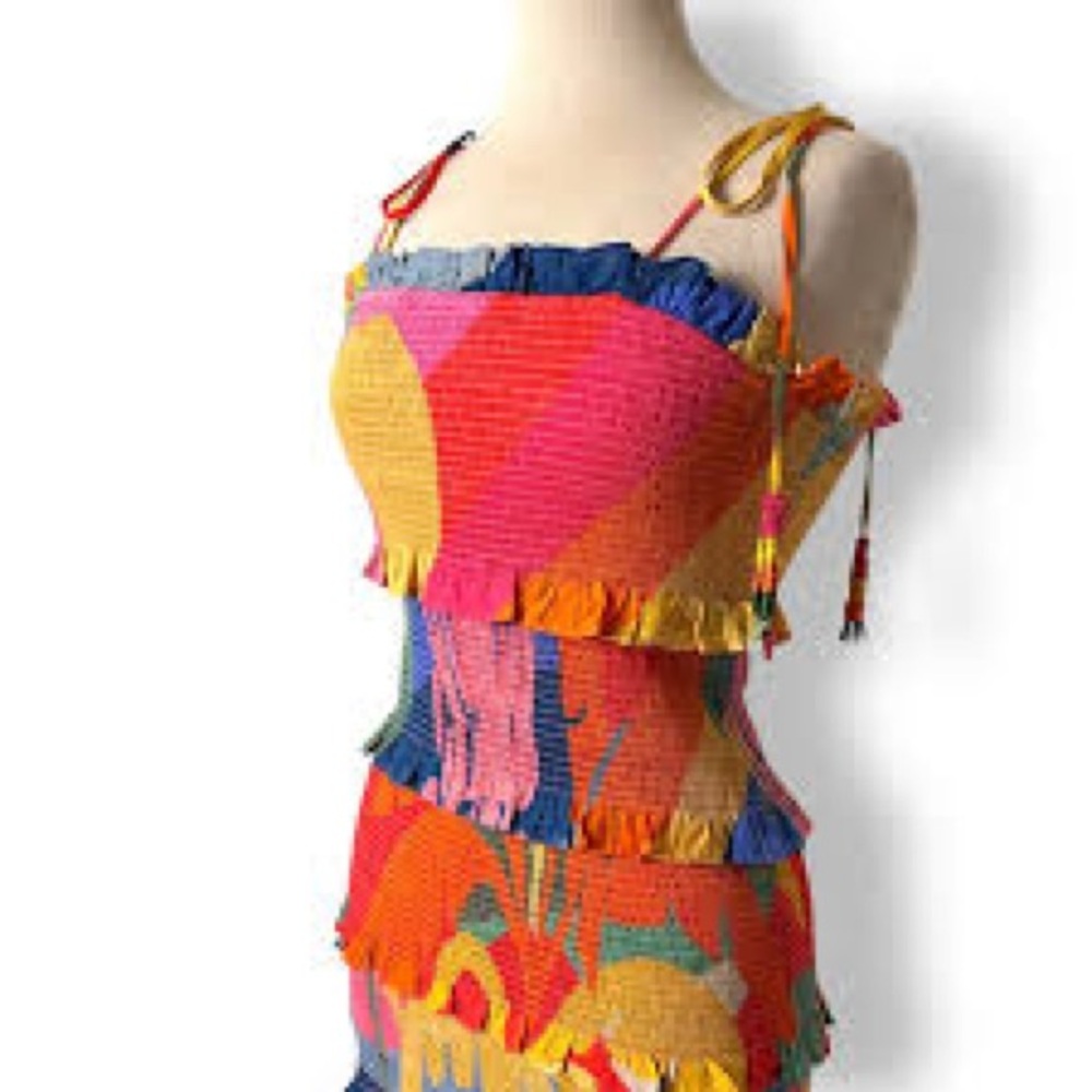 Farm Rio “Tropical Sunset” Smocked Ruffle Mini Dress Size L - Picture 2 of 8